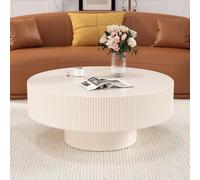 Modern Fluted Round Coffee Table - Handcraft Wooden Drum Coffee Tables with Sturdy Base, Circle Coffee Table Center Tea Table for Living Room Office Apartment Small Space, Easy Assembly(White 30.9")