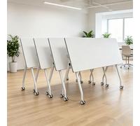 Modern Folding Conference Tables with Wheels, 8-Pack Modular Flip Top Meeting Tables for Office & Classroom, Wooden Seminar Training Tables, Pure White, 47.2"