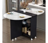 Modern Folding Dining Table - Space-Saving Drop Leaf Design with 6 Wheels 2-Tier Storage Extendable & Collapsible - Ideal for Kitchen Bedroom or Restaurant Use.
