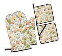 Modern Foliage Flowers Weeds Fansmall Black and WhiteMushroom Oven Mitts and Pot Holders Sets of 4,NonSlip Heat Resistant Oven Gloves for Baking Cooking Grilling BBQ
