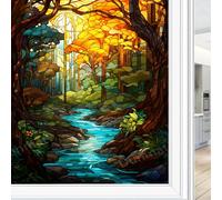 Modern Forest Window Privacy Film Beautiful Trees River Fantasy Scenery Stained Glass Window Film Decorative Window Cling for Home Window&Glass Door, Sun Blocking 45 x 60 cm