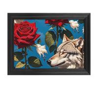 Modern Framed Canvas Wall Art - Classic European Style, Vintage Artwork Prints Ready to Hang Wall Decor, Red Rose And Three Wolves Pattern Art Print for Living Room Hallway Decor, 16x12inch(40x30cm)
