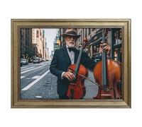 Modern Framed Canvas Wall Art - Classic European Style, Vintage Artwork Prints Ready to Hang Wall Decor, Street Singer And Double Bass Player Art Print for Living Room Hallway Decor, 16x12inch(40x30cm