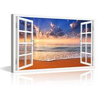 Modern Framed Giclee Canvas Prints - Blue Beach Landscape Blue Paintings on Canvas Wall Art Canvas Print Frame Picture Painting for Office Bedroom Dining Room Stretched Ready to Hang - 24"W x 16"H