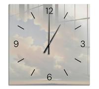 Modern Frameless Glass Wall Clock 60x60 cm | Black Hands | Square | Clouds in the sky | Silent Non Ticking Movement | Battery Operated | Big Easy Readable Numbers | Smooth Polished Edges