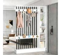 Modern Freestanding Wood Room Divider with Coat Rack & Display Shelf - Stylish for Office & Living Room Elegant White & Black 55”L x 12”W x 79”H