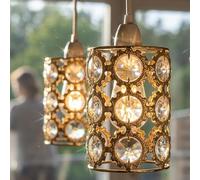 Modern French Gold Crystal Pendant Light Shade, Jewels Modern Easy Fit Round Drum Pendant Lampshade Crystal Ceiling Light for Kitchen Island (Sun Flower H14 * W9-2 Pack)