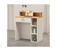 Modern Front Desk with Lockable Drawers for Checkout, Beauty Salon & Lobby - Small Wood Cashier Table with Cable Grommet - Stylish Office Reception Furniture (L80cm, Wood Grain)