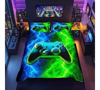 Modern Gamer Duvet Cover Set Super King Size, Blue-Green Lightning Gamepad Comforter Cover with 2 Pillowcases, Video Games Bedding Set 3pcs for Kids Boy Room Decor Gaming Reversible Bedspread Cover