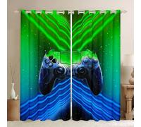 Modern Gamer Kids Window Curtains Green and Blue Stripe Gamepad Window Treatments, Videogame Controller Window Drapes for Boys Girls Adults, Grommet Top 2 Panel Set Bedroom Curtains, 46Wx54L inch