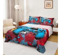Modern Gaming Bed Sheets Double Vintage Game Consoles Sheet Set Doodle Style Gamer Bedding Set - Graffiti Wall Art Fitted Flat Sheets 4 Piece