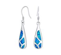 Modern Gemstone Blue Created Opal Asymmetrical Inlay Teardrop Oval Shaped Dangle Earrings For Women Teen .925 Sterling Silver Fish Hook Wire 1.5 Inch