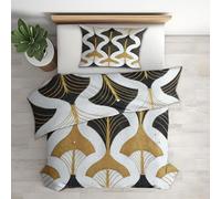 Modern Geometric Duvet Cover Emperor Bedding Set, Black White Gold Art Deco Pattern, Reversible Design Bedroom Decor Bed Quilt Cover with 2 Pillowcases, Microfiber, Zip - SMK32336