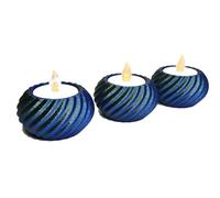 Modern Geometric Ribbed Spiral LED Tealight Candle Holders, Set of 3 Compact Tabletop Centerpiece Decor, Cozy Warm Flickering Flameless Candles Included - Textured Decor (Mystic Teal 3-Piece Set)