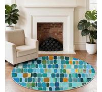 Modern Geometric Round Rugs Living Room 100 cm Blue Soft Low Pile Carpet | Non-Slip Machine Washable Rug, Abstract Rectangular Color Block Mosaic Non-Shedding Carpet for Hallway Kitchen Office Bedroom