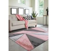 Modern Geometric Shaggy Rug - Soft & Plush Area Carpet for Living Room, Bedroom & Home Décor - Abstract Blue, Grey & White Design (Pink, 120 x 170 cm - Large Rug)
