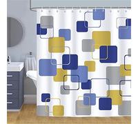Modern Geometric Shower Curtain 3D Blue Yellow Square Bathroom Curtain Waterproof Polyester Fabric Bath Curtain With 12 Hooks 180X180cm/71X71 Inch