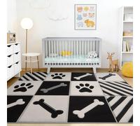 Modern Geometric Soft Washable Area Rug 140 x 200 cm, Cream Black Washable Rug, Pets Cat Paws Bones Stripes Non Slip Low Pile Carpet, for Bedroom Dining Room Home Office Kitchen