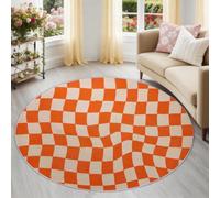 Modern Geometric Washable Round Rug Chequered Square Wave Soft Cosy Faux Wool Circle Carpet, 120 cm Non-Slip Round Rug Ideal for Living Room Nursery Bedroom Study Playroom