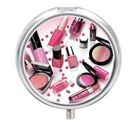 Modern Girl Cosmetic Pill Box 3 Compartment Waterproof Pill Container with Mirror Metal Medicine Box Organizer Portable Vitamin Case for Pocket & Purse Travel - Round