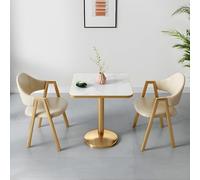 Modern Glam Square Dining Table Set White Table with Gold Base Upholstered Khaki Chairs Stylish Furniture for Dining Room & Living Room Chic Home Decor
