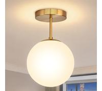 Modern Glass Ceiling Light Gold, E27 Semi Flush Ceiling Lighting, Ø 20cm | White Globe Glass Shade, IP44 Waterproof Bathroom Light Fixtures, Chandeliers Ceiling Lights for Hallway, Bedroom, In ulb