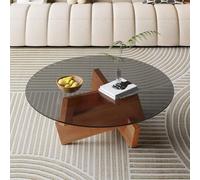 Modern Glass Coffee Table with Solid Wood Base and Clear Tempered Glass Top - Contemporary Round Center Table for Living Room or Home Office