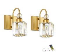 Modern Glass Crystal Wall Sconces Battery Operated Set of 2, with Bulb &Remote, Not Hardwired Bathroom Mirror Wall Lights, Wireless Dimmable Timed Wall Lamp for Hallway Foyer Bedroom(Gold)