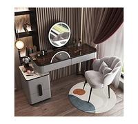 Modern Glass Makeup Vanity Set with Smart Mirror Stylish Wooden Dressing Table for Bedroom Elegant Makeup Table with Stool Chic Cosmetic nizer for Beauty Lovers