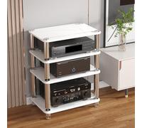Modern Glass & Stainless Steel Audio Rack 4 Tier Multimedia AV Stand for Home Theater & HiFi System Stylish White Media Console for Living Room