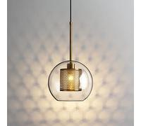 Modern Globe Pendant Light With Clear Glass Shade & Inner Perforated Brass Mesh, Adjustable Ceiling Light Fixture For Kitchen Island, Dining Room, Living Room