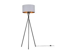 Modern Gloss Black Metal Tripod Floor Lamp with a Grey & Gold Cylinder Shade - Complete with a 6w LED Bulb [3000K Warm White]