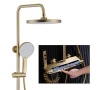 Modern Gold Brushed Thermostatic Shower Column Set with LED Ambient Light Round Rain Shower Head & Cascade Bathtub Faucet - Elegant Piano Touch Design