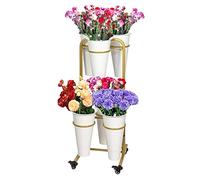 Modern Gold Frame Flower Stand With 4Pcs Wheels 3 Tier Display Stand For Indoor And Outdoor Use Stylish Rolling Plant Shelf With Plastic Buckets For Patio Garden And Balcony.Gold Frame+white Bucket