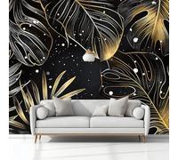 Modern Gold Lines Tropical Leaves 3D Wallpaper for Living Room Bedroom TV Background, Black Mural Wall Paper for Interior Home Decor, Photo Wallpaper Hallway Feature Wall 150 x 105 cm