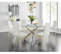 Modern Gold Round Dining Table with Clear Glass Top & 4/6 Milan Chairs - Elegant Dining Furniture Set for Home & Kitchen - Stylish Dining Room Decor
