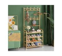 Modern Gold Shoe Rack with 5 Lightweight Metal Shelves and Double Hooks for Entryway Bedroom Hallway Office Stylish Shoe Storage Solution