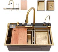 Modern Gold Stainless Steel Kitchen Sink 80x45cm Large 1 Basin Waterfall Design with Tap Siphon Drain & Overflow Set for Stylish Kitchens