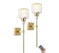 Modern Gold Wall Sconces Lighting Battery Operated Set of 2,No Wiring Rechargeable Wall Lights Fixture with Wireless Remote,Clear Glass Long Wall Lamp for Bedroom Bathroom Living Room Vanity Light (C