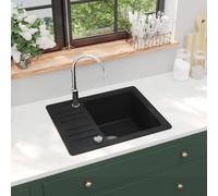 vidaXL Granite Kitchen Sink Single Basin Black Overmount with Basket Strainer