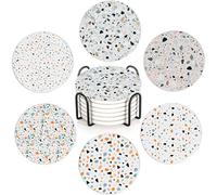 Modern Granite Terrazzo Coasters Set of 6,Absorbent Ceramic Coasters with Cork Base,Round Coaster Mats for Cold Drinks & Mugs, Rustic Home Decor + Holder