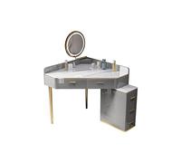 Modern Gray Corner Vanity Set with Stool & Mirror - Stylish Minimalist Makeup Table for Small Spaces - Sleek Slate Design with Storage Cabinet for Bedrooms & Apartments