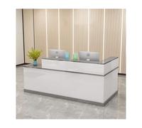 Modern Gray Reception Desk with Lockable Drawers Stylish 140CM Office Counter for Salons & Spas Functional Open Front Design Perfect for Business Use