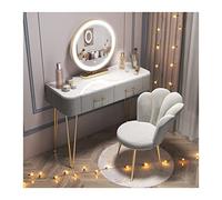 Modern Gray Vanity Desk with Smart Makeup Mirror, Wood Dressing Table & Backrest Makeup Chair, Simple Bedroom Furniture, Stylish Makeup Station, Compact Size.