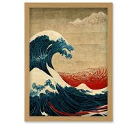 Modern Great Wave Off Kanagawa Style Seascape Artwork Framed Wall Art Print A4 Artery8 Light Oak One Size