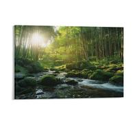 Modern Green Forest Canvas Wall Art, Beautiful Woods Sun River Moss Picture Painting on Canvas, Print Poster Decoration Artwork for Home Living Room Bedroom Wall Decor Frame 08x12inch(20x30cm)