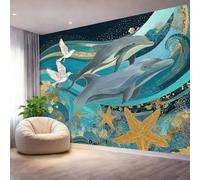 Modern Green Wall Mural 400 x 281 cm（WxH - Premium Non-Woven Printed Wallpaper for Home Office Living Room Kitchen - Dolphins The Ocean Dreams Decorative Wall Art Paste Required