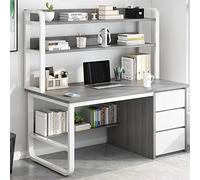 Modern Grey Computer Desk with Storage Cabinet & Bookshelf Home & Office Workstation with 3 Drawers Industrial Style 39-Inch Long Furniture