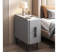 Modern Grey PU Leather Narrow Bedside Table with Marble Top, 2-Drawer Storage Cabinet and Metal Legs for Bedrooms, Stylish Nightstand (50x40x50cm)