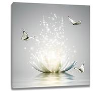 Modern Grey Zen Wall Art for Bathroom Retro Butterfly and White Floral Bloom in Water Abstract Canvas Wall Art Wall Paintings Spa Wall Pictures for Living Room Bedroom Office Ready To Hang, 12x12 Inch